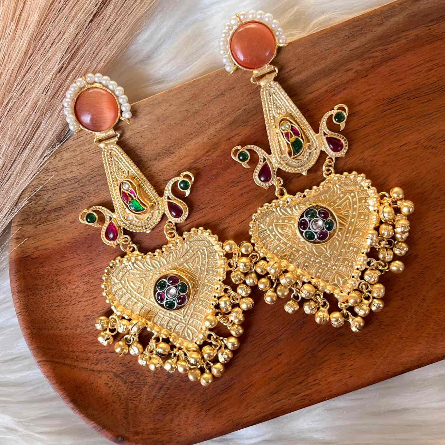 Peach Meenakshi Fusion Golden Earrings